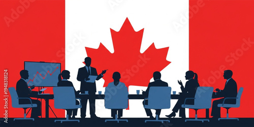 Canadian Business Meeting and Corporate Strategy Discussion Concept with Team of Professionals Analyzing Financial Charts in Front of Canada Flag Background