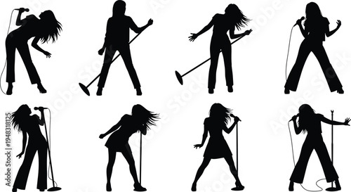 Silhouette Set of Female Singers with Microphones in Various Poses for Music and Performance Themes