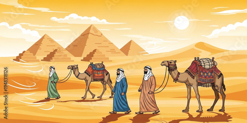 Camel Caravan Traveling Across Egyptian Desert with Pyramids in Background, Traditional Bedouin Traders Journeying Through Sand Dunes in Historic Middle Eastern Landscape Vector Illustration