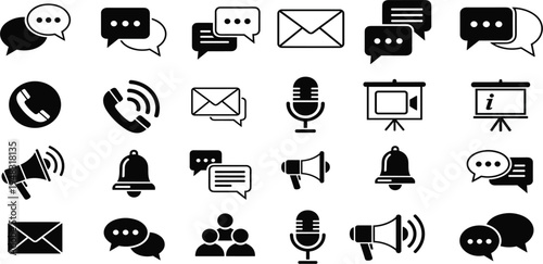 Communication and Messaging Icon Set with Chat Bubbles, Email, Phone Call, Notification Bell, Microphone, and Megaphone Symbols for Digital Media