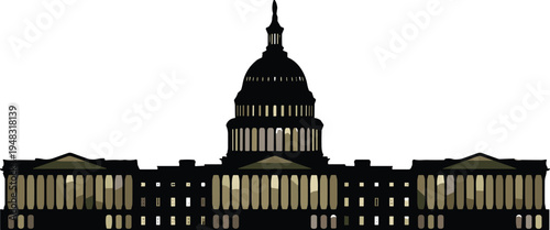 United States Capitol Building silhouette illustration, Washington DC landmark icon with dome for American politics and government law concepts, isolated vector graphic.