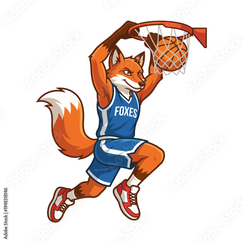 Dynamic and vibrant fox character showcasing athleticism while dunking a basketball, perfect for sports branding or team mascots. Captivates excitement in sports culture.
