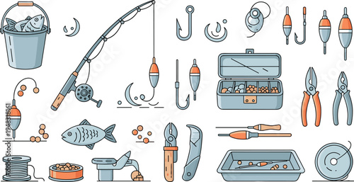 Fishing Gear and Angling Equipment Vector Illustration Set with Fishing Rod, Hook, Float, Tackle Box, Bait and Fisherman Tools