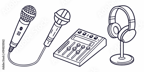 a microphone, a headset and a sound mixer board Vector