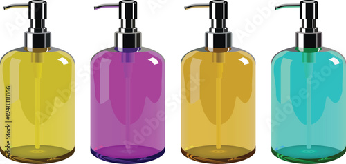 Set of Four Colorful Glass Soap Dispensers with Metallic Pumps, Modern Vibrant Liquid Bottles in Yellow, Pink, Orange, and Cyan, Elegant Refillable Hand Wash Containers Isolated on White Background