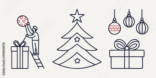 a christmas tree and presents with a person decorating Vector