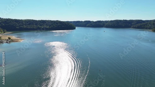 Wallpaper Mural Aerial View of the Lakeside Sunset Marina Resort on Dale Hollow Lake With Highway 111 Bridge, Boats and Forested Shoreline, Calm Water on a Sunny Day, Monroe, Tennessee, USA. Torontodigital.ca