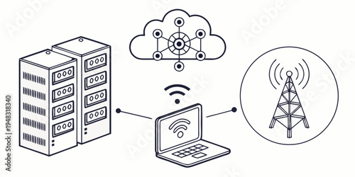 a diagram showing a laptop connecting to a server and a cell tower through the cloud Vector