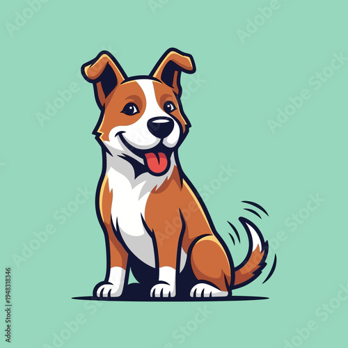 Happy cartoon dog sitting with wagging tail and tongue out.