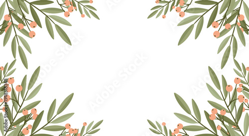 Green botanical branches with peach berries forming a decorative frame