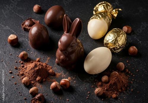 Luxury Easter Chocolates Flat Lay with Dark Chocolate Eggs Bunny and Gold Foil