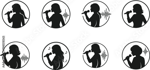 Silhouette Set of a Female Singer with Microphone and Sound Waves for Music and Performance Themes