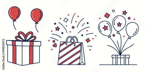 a set of gift boxes with balloons and confetti Vector