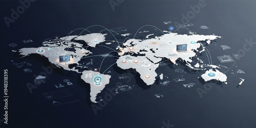 Global Digital Network World Map with Connected Data Nodes, Internet Communication Lines, Technology Infrastructure, International Business, Cloud Computing, and Worldwide Information Exchange Concept