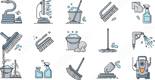 Cleaning Equipment and Housekeeping Line Icon Vector Set with Mop, Bucket, Brush, Spray Bottle, Vacuum and Home Cleaning Tools