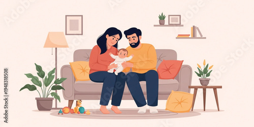 Happy Parents Sitting on Sofa Holding Newborn Baby at Home, Loving Family Moment with Mother, Father, and Infant in Cozy Living Room