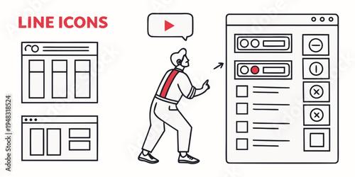 man interacting with a large video player interface Vector