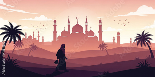 Islamic Mosque Landscape at Sunset with Desert Silhouette, Palm Trees, Crescent Moon Architecture, and Muslim Traveler Walking in Spiritual Middle Eastern Scene