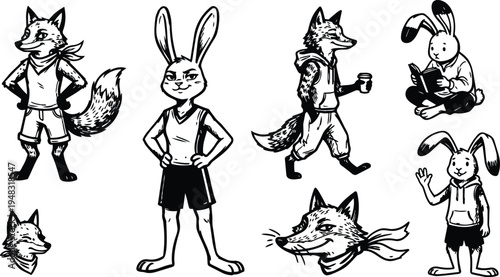 Tattoo flash fox and rabbit character sheet showing multiple poses expressions and angles playful confident line art vector sketchy isolated