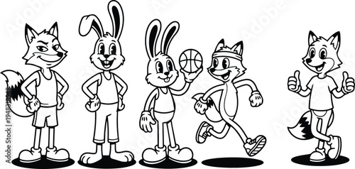 Retro cartoon line art front view fox and rabbit mascots smiling one holding basketball another running with headband giving thumbs up
