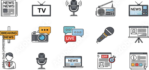 News Media and Journalism Icon Set with TV, Microphone, Radio, Camera, Breaking News, Live Broadcast and Digital Reporting Symbols