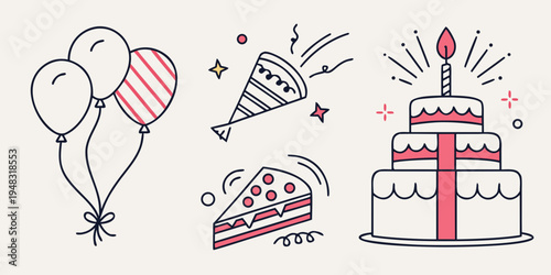 a birthday celebration with cake and party accessories Vector
