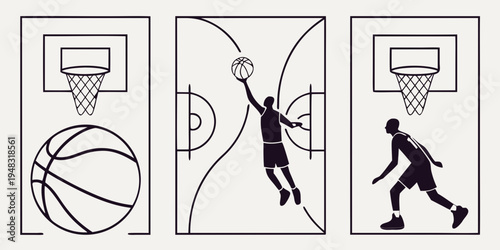 a set of illustrations of a basketball player and basketball Vector