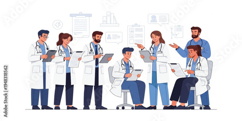 Medical Team of Doctors and Healthcare Professionals Discussing Patient Reports, Hospital Collaboration, Clinical Diagnosis, Medical Research, and Healthcare Service Illustration