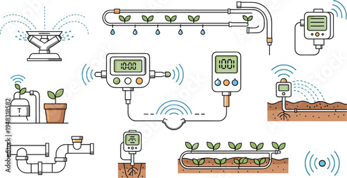 Smart Irrigation System Line Icon Vector Set with Soil Moisture Sensor, Water Control, Drip Irrigation and Automated Farming Technology