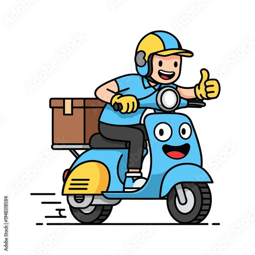 Happy delivery man riding scooter with package giving thumbs up.