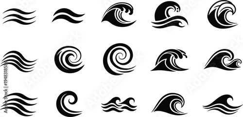 Ocean Wave Icon Set with Abstract Water Splash, Sea Surf Symbols, and Marine Flow Shapes for Summer, Beach, and Nautical Design