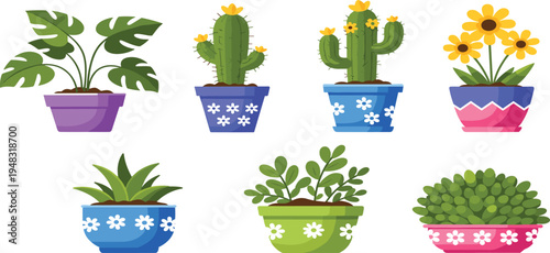 Potted Houseplants Vector Set Featuring Cactus, Monstera, Succulents and Flowering Plants in Decorative Pots for Indoor Gardening, Home Decor and Botanical Design