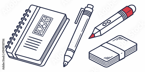 a notebook, pen, pencil, and eraser on a flat surface Vector