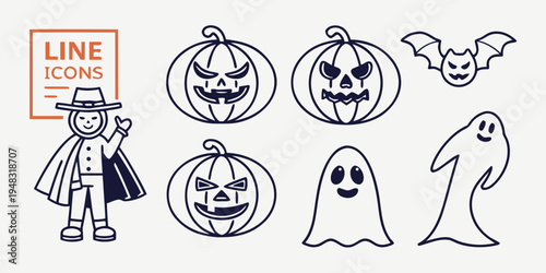 a set of halloween icons including a witch and pumpkins Vector