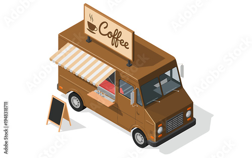 Brown coffee food truck with awning and menu board on white background