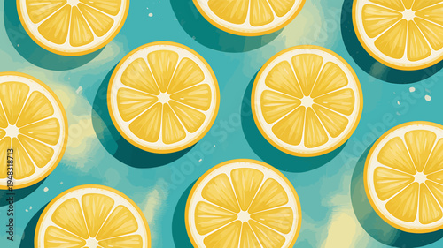 Lemons slices on blue and yellow background with shadows