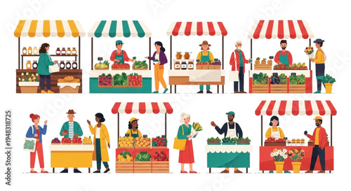 Farmers Market Stalls with Vendors Selling Fresh Fruits Vegetables and Flowers Vector Illustration Set