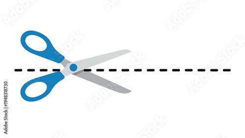 Scissors with blue handles cutting through a dotted line on white background