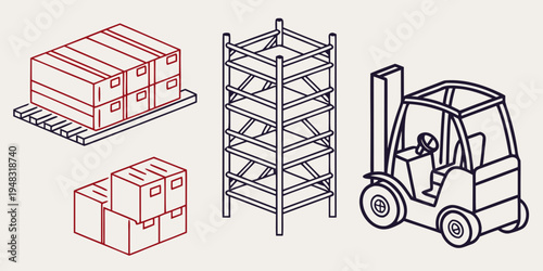 a forklift and boxes and a shelving unit Vector