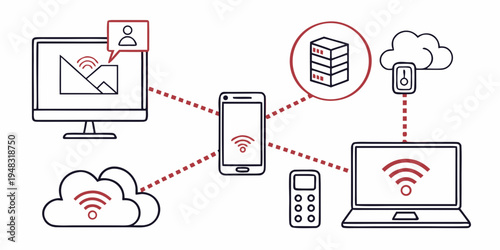 devices connected to a network with wifi signals Vector