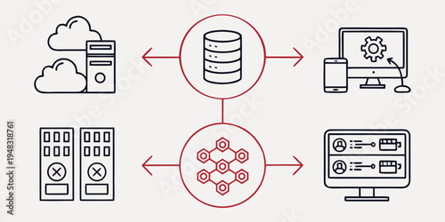a diagram showing data transfer between various devices and servers Vector
