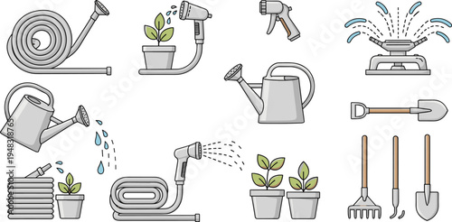 Gardening Tools and Watering Equipment Line Icon Vector Set with Hose, Sprinkler, Watering Can, Shovel, Rake and Plant Care Symbols