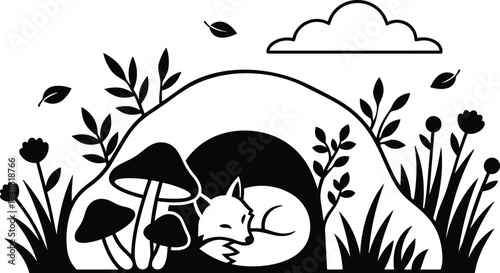 Flat design side view sleeping fox curled inside den with mushrooms wild grasses leaves cloud simple black silhouette cute nature