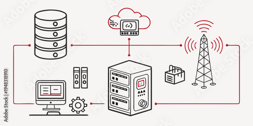 network system infrastructure with server and tower Vector