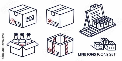 line art shipping set with boxes and forklift Vector