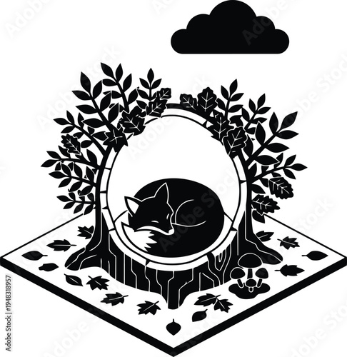 Minimalist isometric line art sleeping fox curled inside tree stump hollow surrounded by leaves mushrooms and cloud silhouette black vector