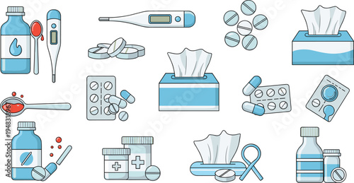 Medical Supplies and Healthcare Line Icon Vector Set with Thermometer, Pills, Medicine Bottles, Tissue Box and Pharmaceutical Equipment