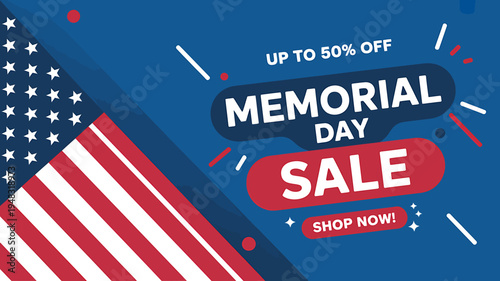 Memorial Day sale banner with American flag and discounts