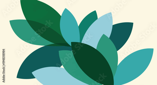 Abstract overlapping leaf and petal shapes in green and blue tones