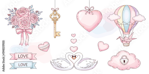Romantic Love Vector Set with Pink Roses Bouquet, Heart Balloons, Swans, Vintage Key, and Pastel Valentine Elements for Wedding Invitations and Greeting Cards